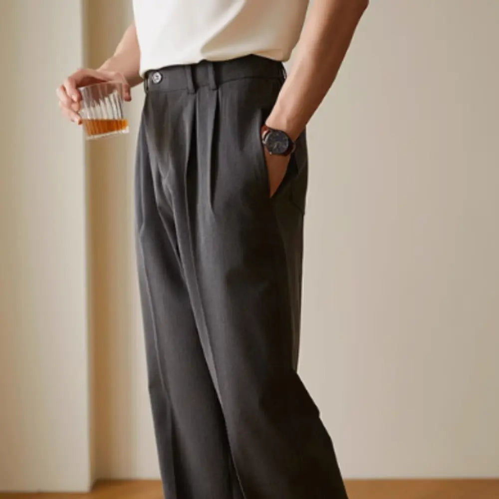 Elastic Straight Business Trousers – Black & Grey | All-Day Comfort | Draped Fit Menswear