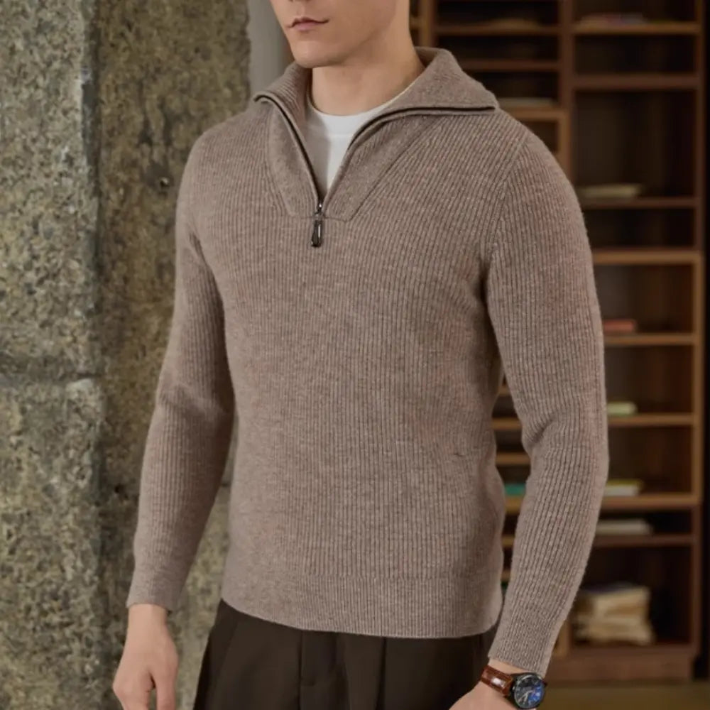 Half-height Zip Men's Long Sleeve Turtleneck Sweater – Ancient Blue | Pure Wool Knitwear