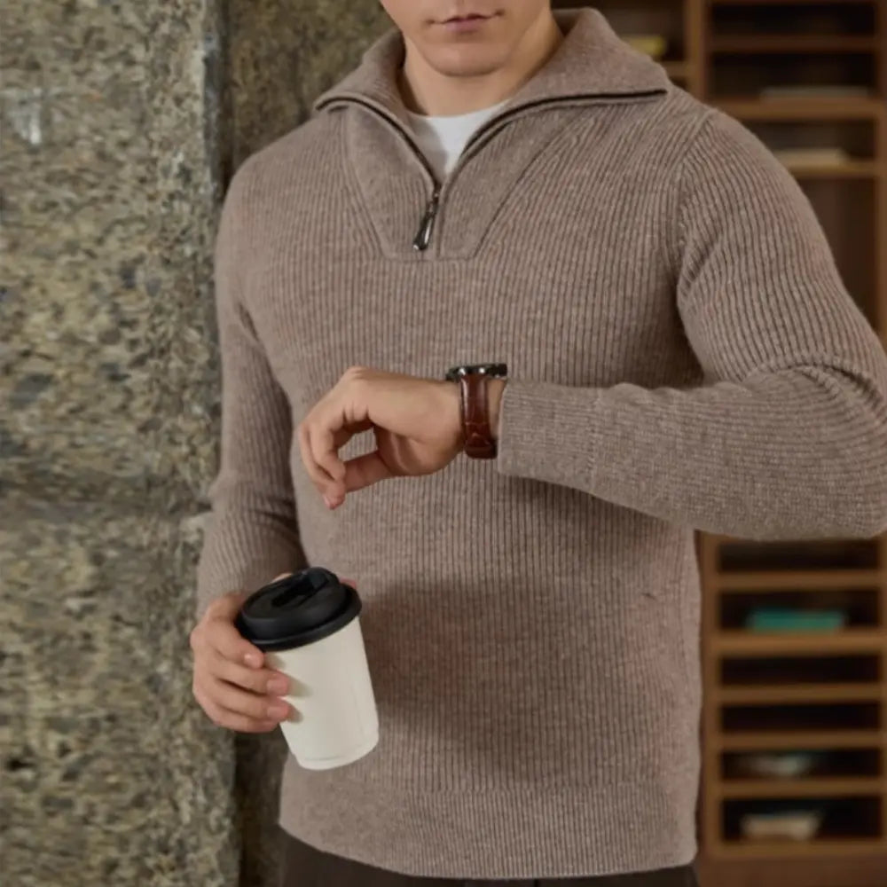 Half-height Zip Men's Long Sleeve Turtleneck Sweater – Ancient Blue | Pure Wool Knitwear