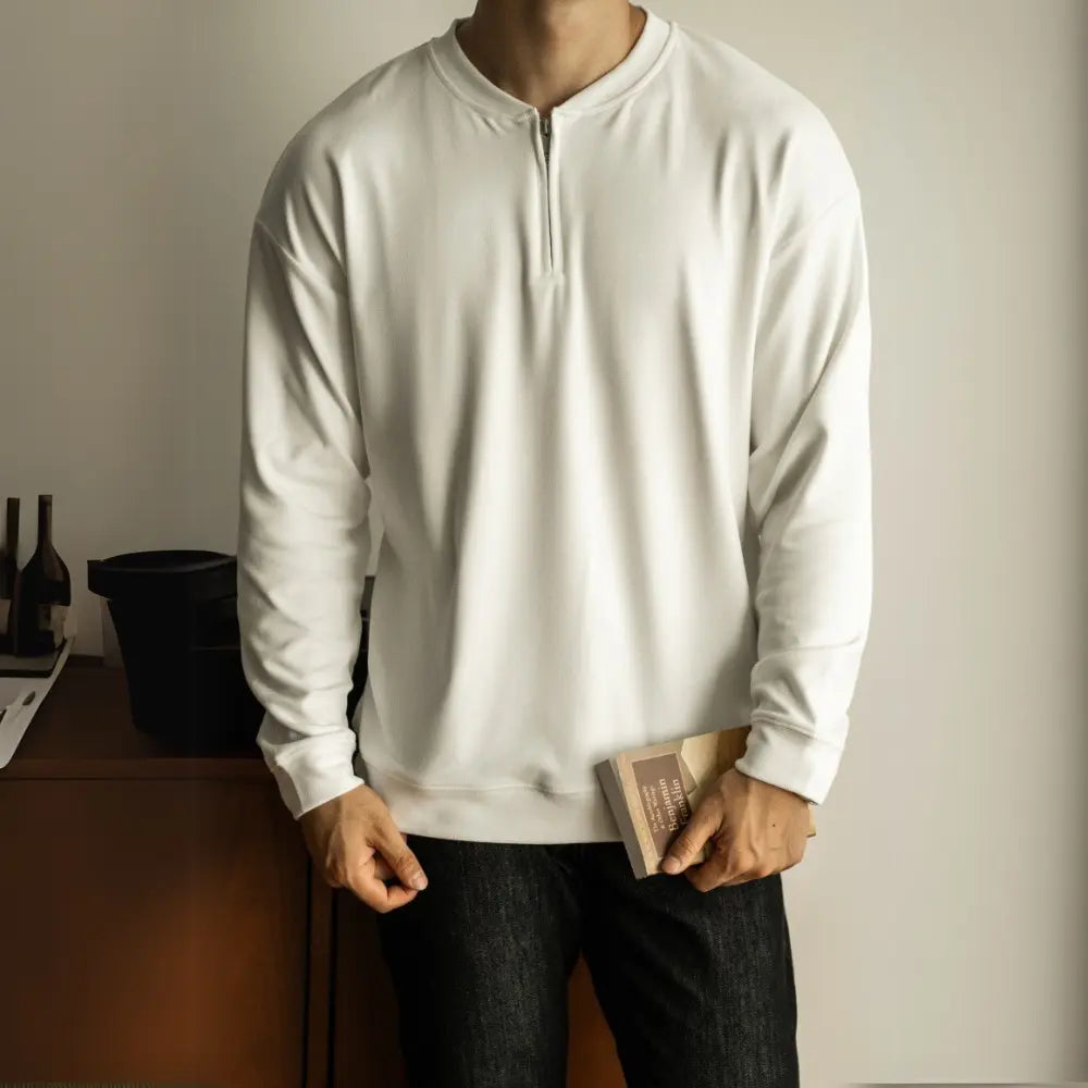 Half Long-sleeve Zipper T-shirt Men's Casual Bottoming Shirt – White | Autumn Casualwear | Old Money Menswear