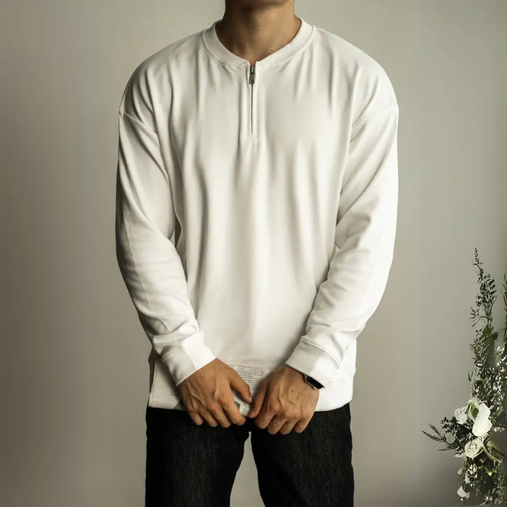 Half Long-sleeve Zipper T-shirt Men's Casual Bottoming Shirt – White | Autumn Casualwear | Old Money Menswear