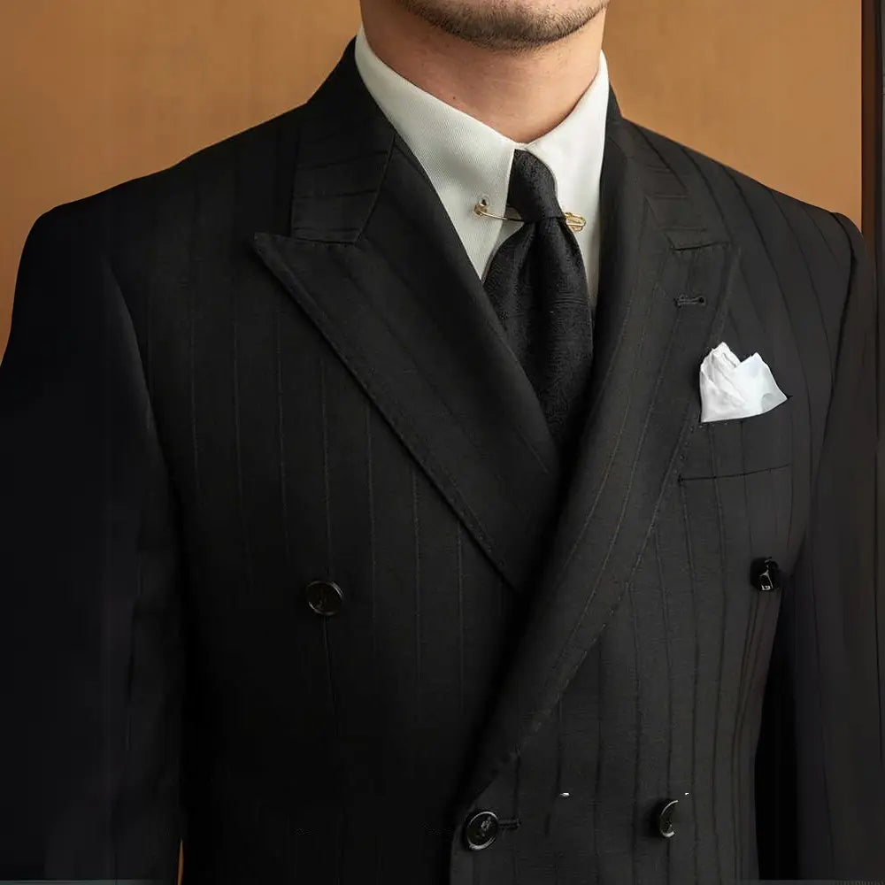 Handsome Man Versatile Black Striped Double Breasted Suit Prendersons