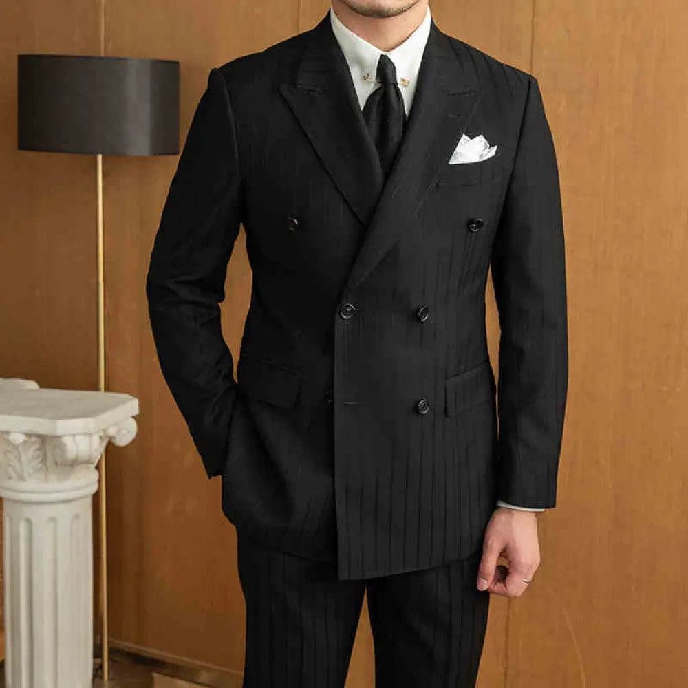 Tailored Double Breasted Suit – Black Stripe | Autumn Ready | Vintage Power Look