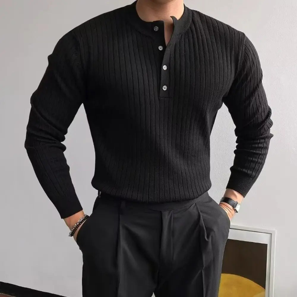 Tailored Men's Henry Collar Shirt – Black | Casual Refined | Old Money Menswear