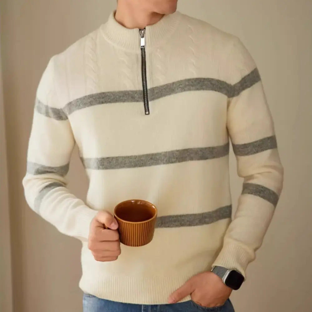 Slim Fit High-end Striped Sweater – White & Blue Gray | Casual Wear | Old Money Menswear