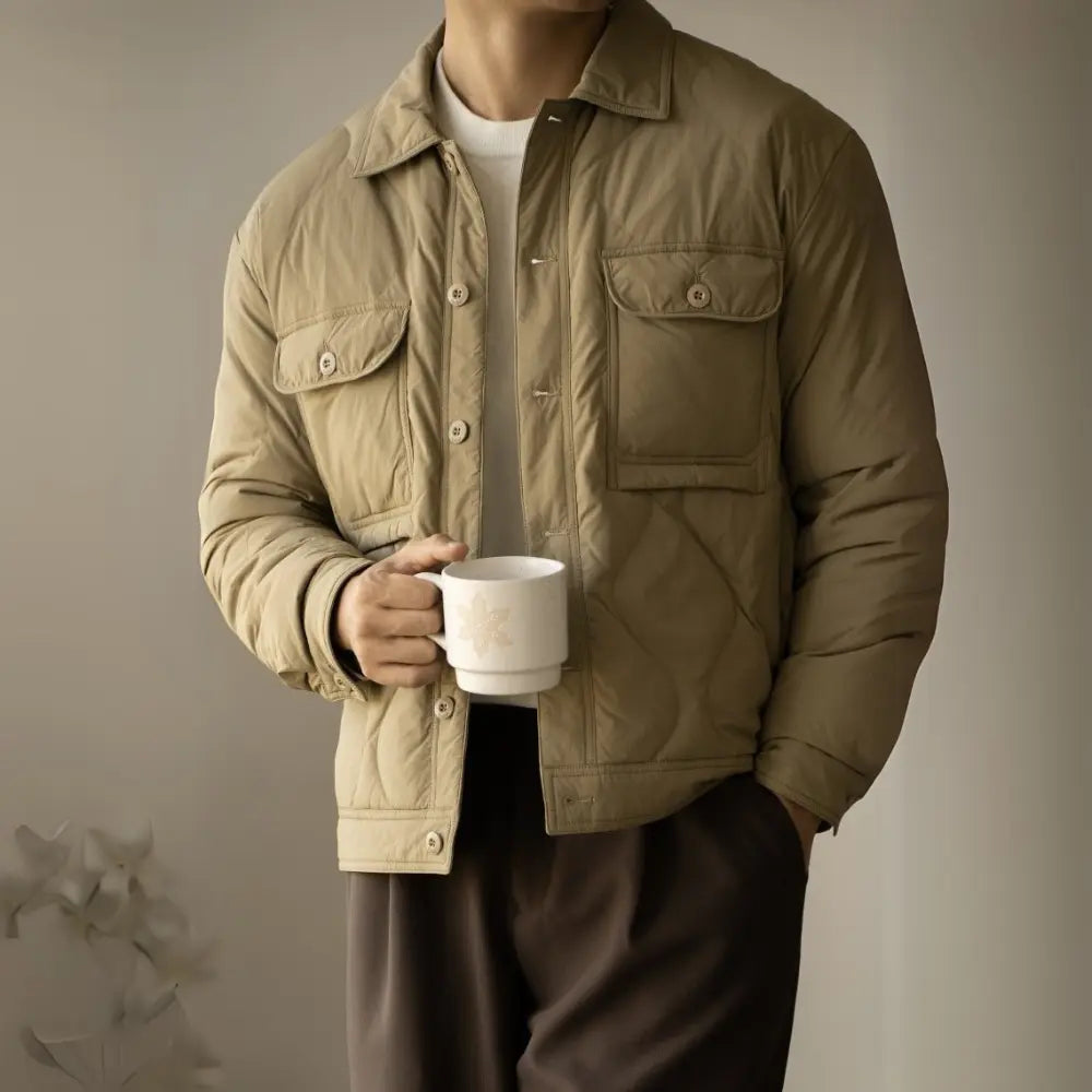 Regular Fit Seamless Lapel Mens Duck Down Jacket – Khaki & Black | Autumn & Winter Leisurewear