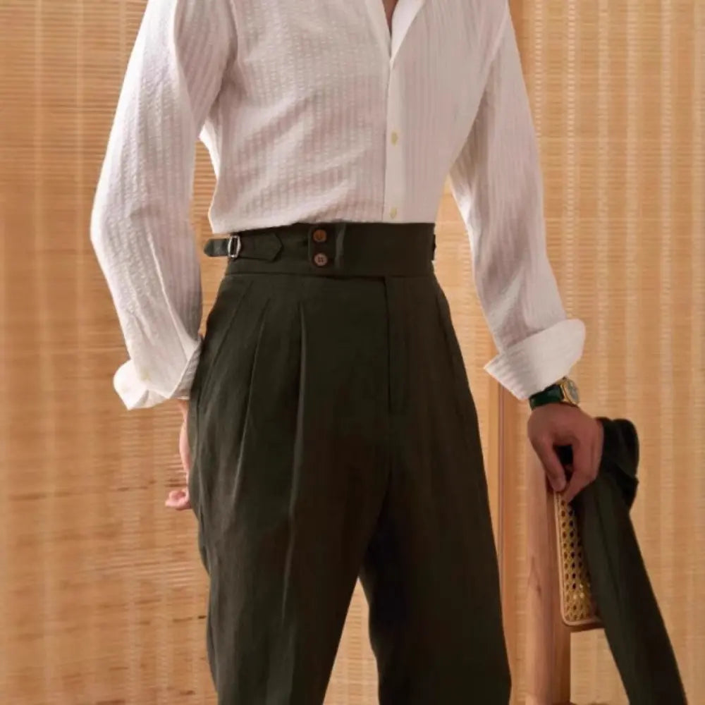 Straight Fit Double Pleated Pants – White, Black, Green & Brown | Leisure | Old Money Menswear