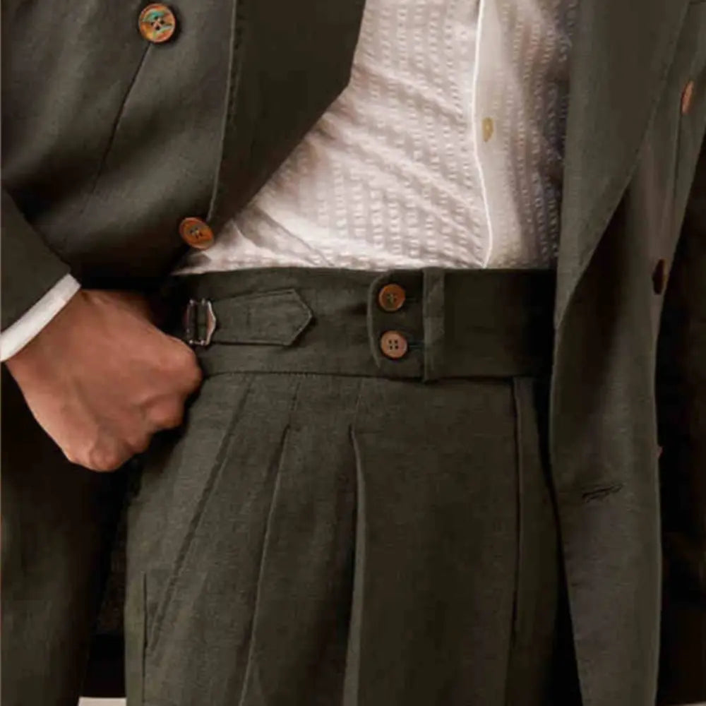 Straight Fit Double Pleated Pants – Khaki | Business Casual | Paris Buckle Detail