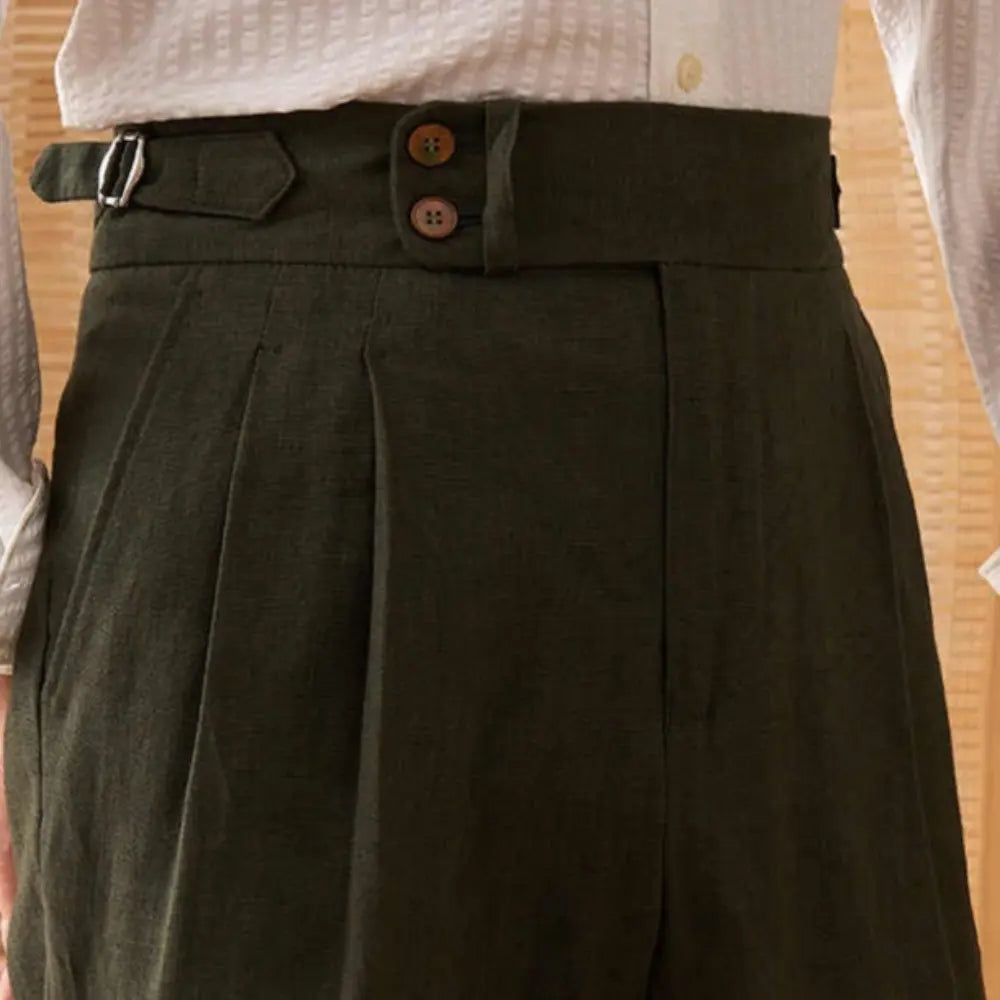 Straight Fit Double Pleated Pants – Khaki | Business Casual | Paris Buckle Detail