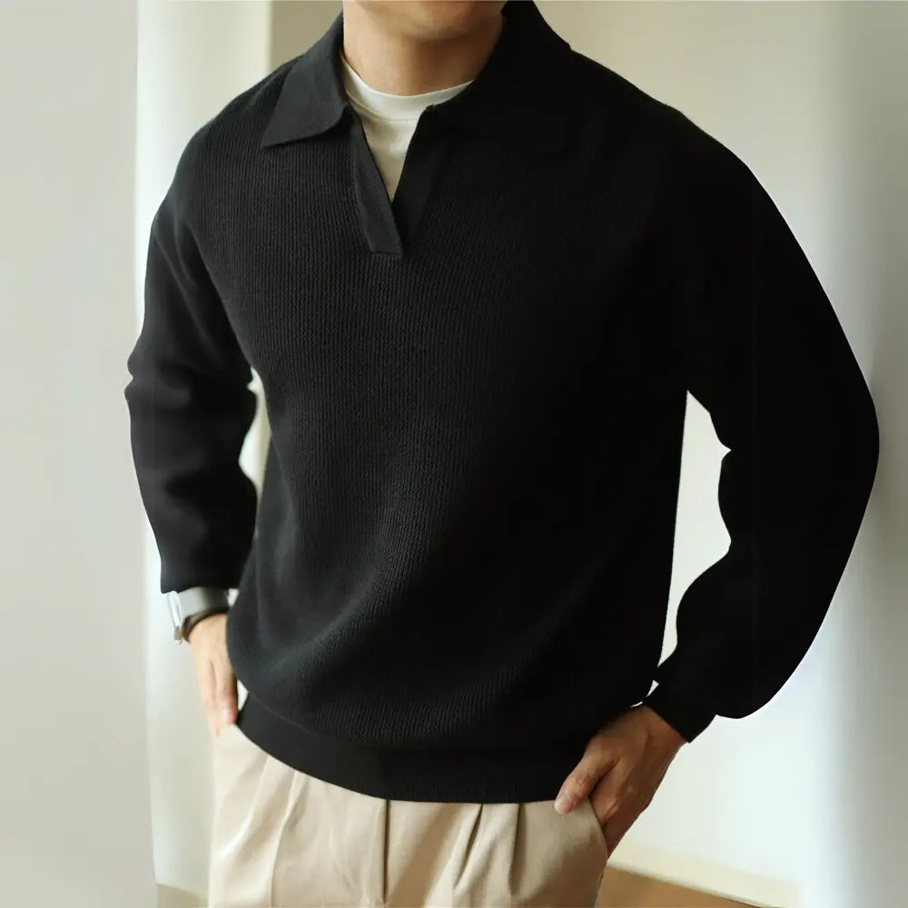 Loose Fit Lapel Long Sleeve Sweater – Apricot, Black & Grey | Base Layer | Old Money Casual Knit Prendersons