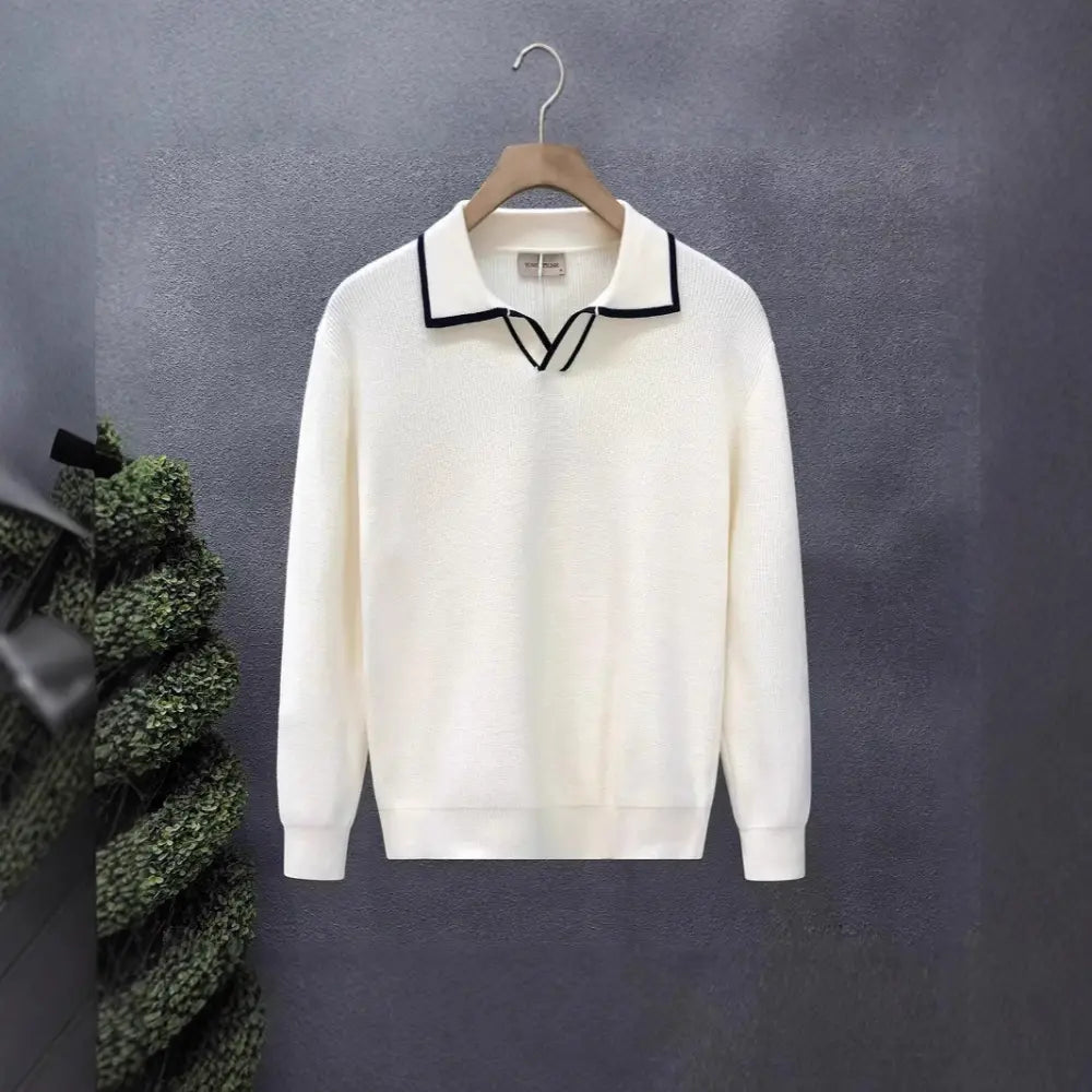 Lightly Mature Casual Polo Collar Sweater Men – Black & White | Leisurewear | Old Money Knit Pullover Prendersons