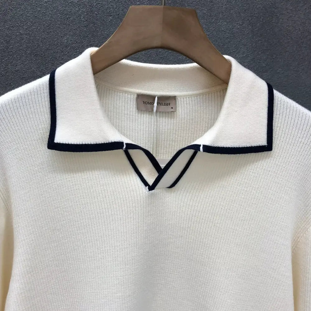 Lightly Mature Casual Polo Collar Sweater Men – Black & White | Leisurewear | Old Money Knit Pullover Prendersons