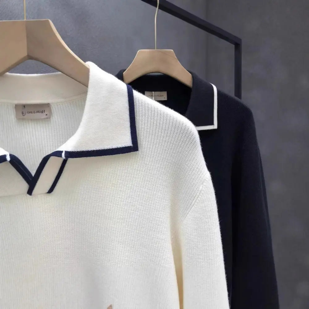 Lightly Mature Casual Polo Collar Sweater Men – Black & White | Leisurewear | Old Money Knit Pullover Prendersons