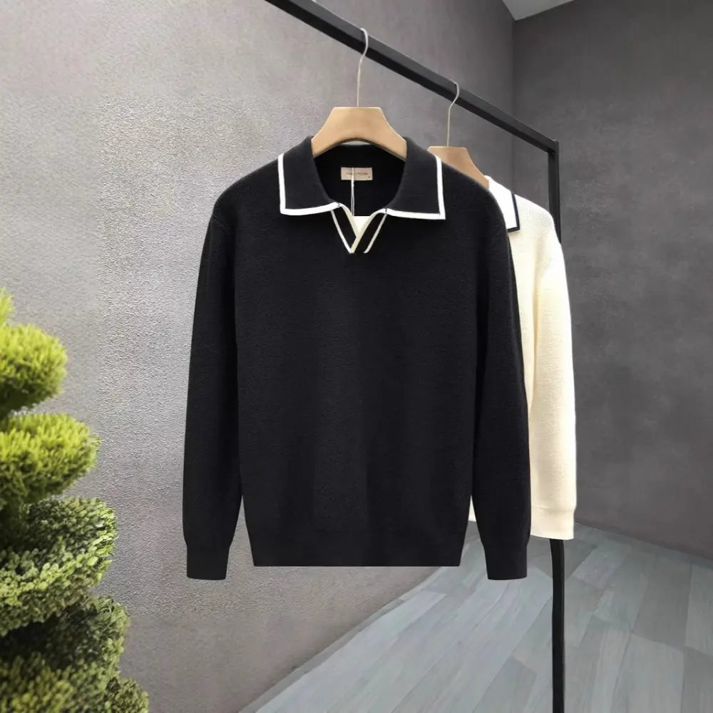 Lightly Mature Casual Polo Collar Sweater Men – Black & White | Leisurewear | Old Money Knit Pullover