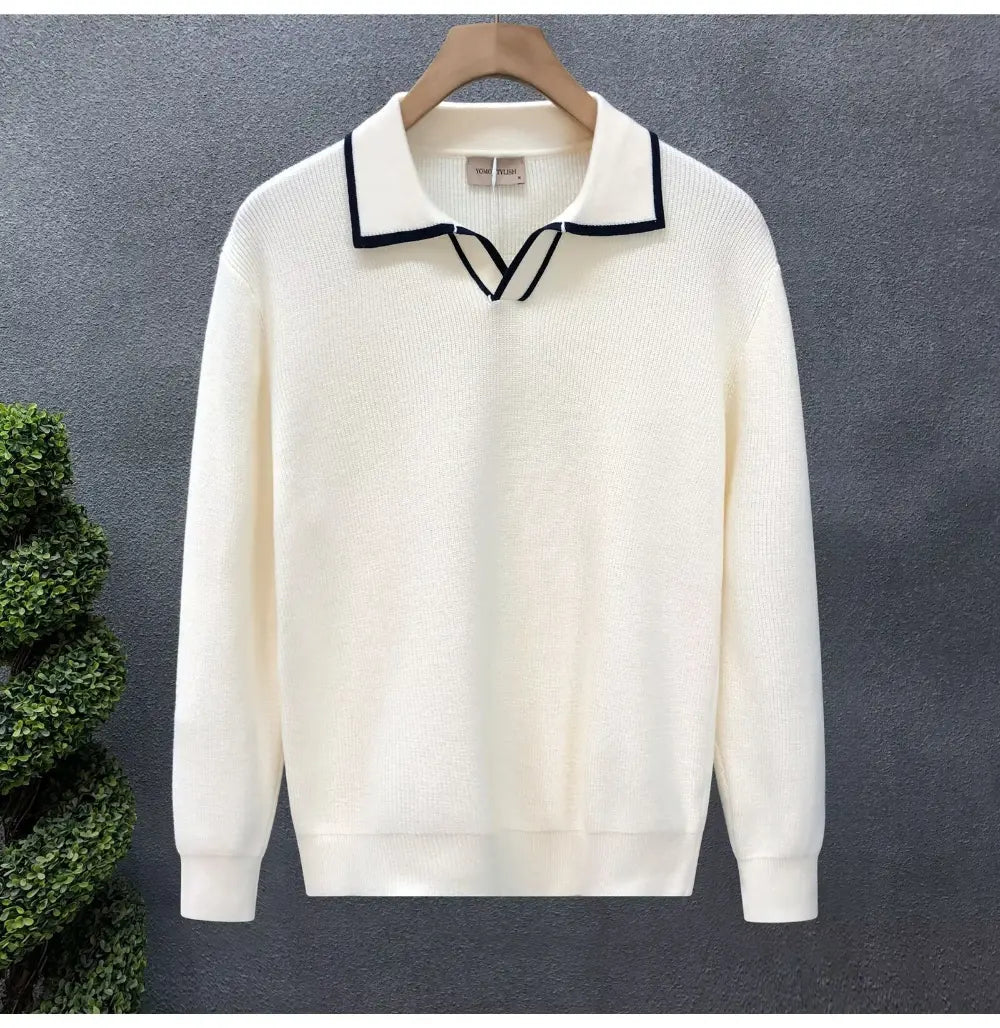 Lightly Mature Casual Polo Collar Sweater Men – Black & White | Leisurewear | Old Money Knit Pullover Prendersons