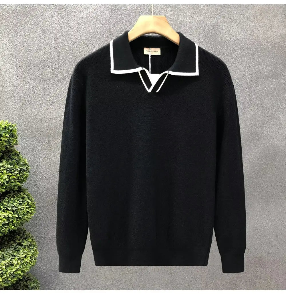 Lightly Mature Casual Polo Collar Sweater Men – Black & White | Leisurewear | Old Money Knit Pullover