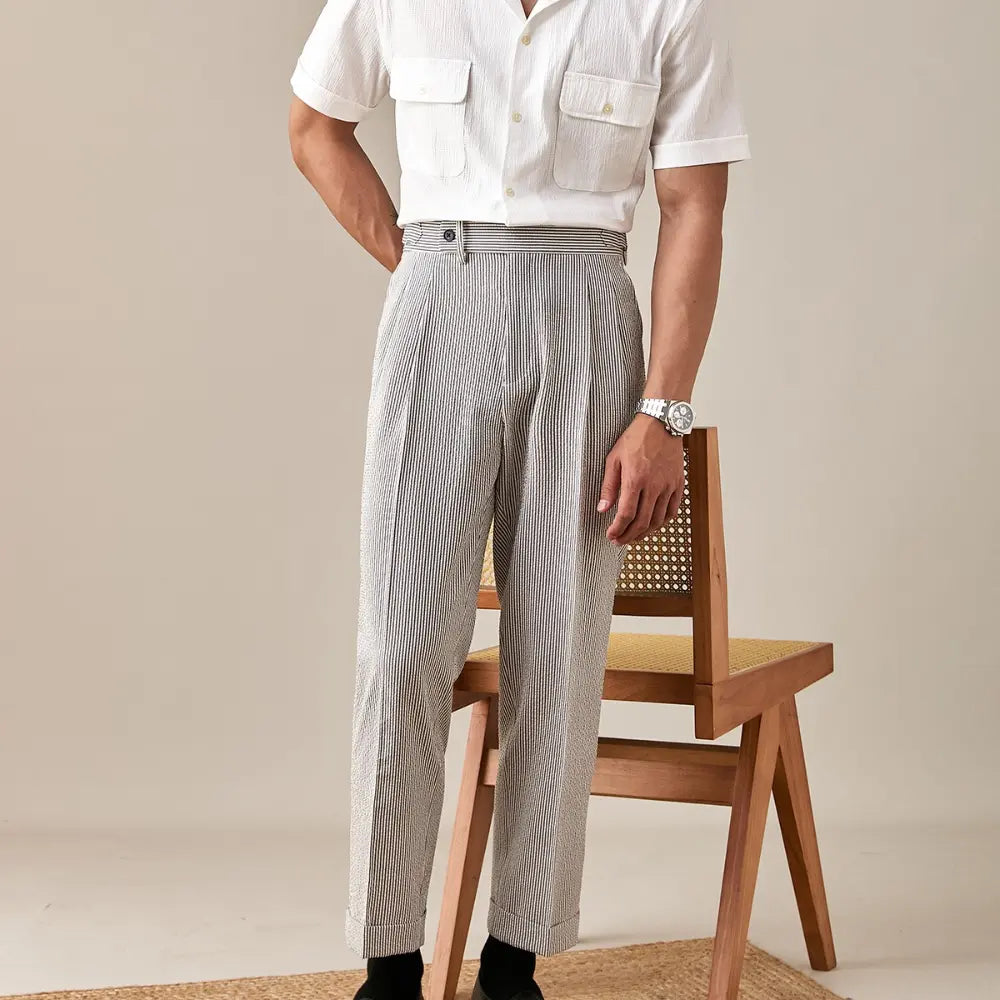 Straight Fit Foam Gauze Striped Trousers – Neutral Tones | Summer Leisure