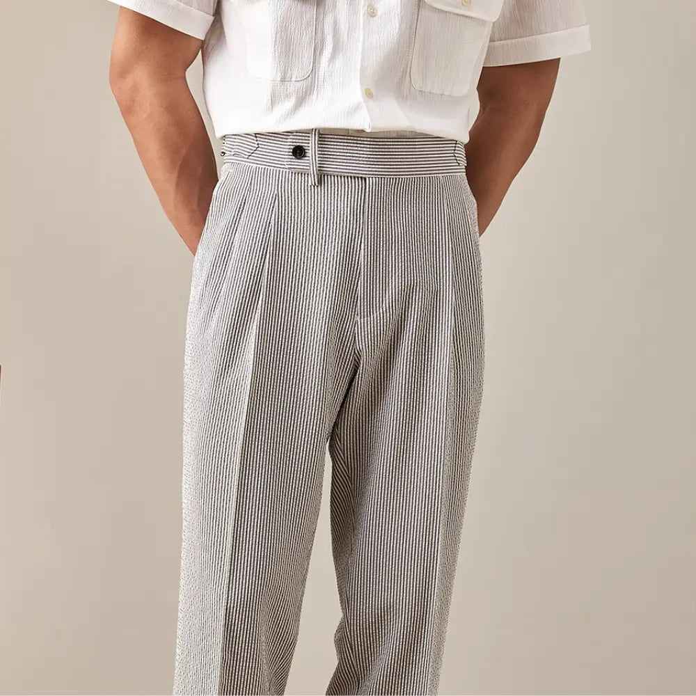 Straight Fit Foam Gauze Striped Trousers – Neutral Tones | Summer Leisure