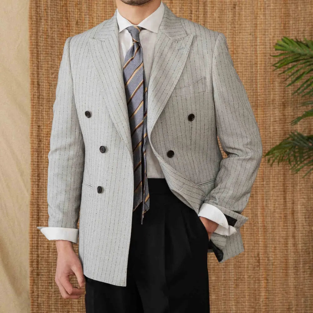 Lightweight Striped Double Breasted Suit Coat – Blue | Business Casual | Timeless Elegance