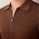 Linen Blend Lapel Zipper Sunken Stripe Short Sleeve Prendersons