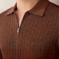 Linen Blend Lapel Zipper Sunken Stripe Short Sleeve Prendersons