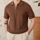 Linen Blend Lapel Zipper Sunken Stripe Short Sleeve Prendersons