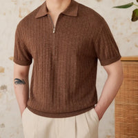 Linen Blend Lapel Zipper Sunken Stripe Short Sleeve Prendersons