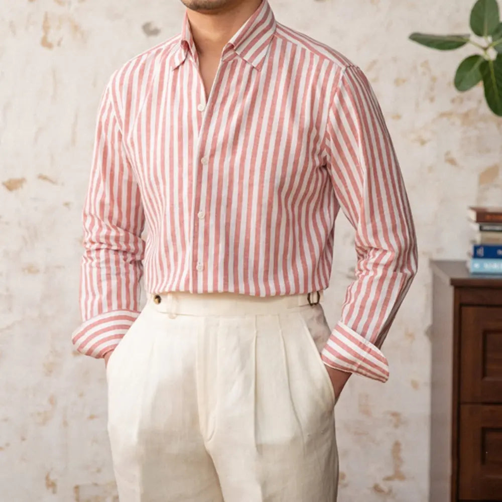 Linen Collar Slim Fit Striped Long Sleeve Shirt – Pink, Blue, Green, Yellow | Spring Business Casual | Old Money Menswear
