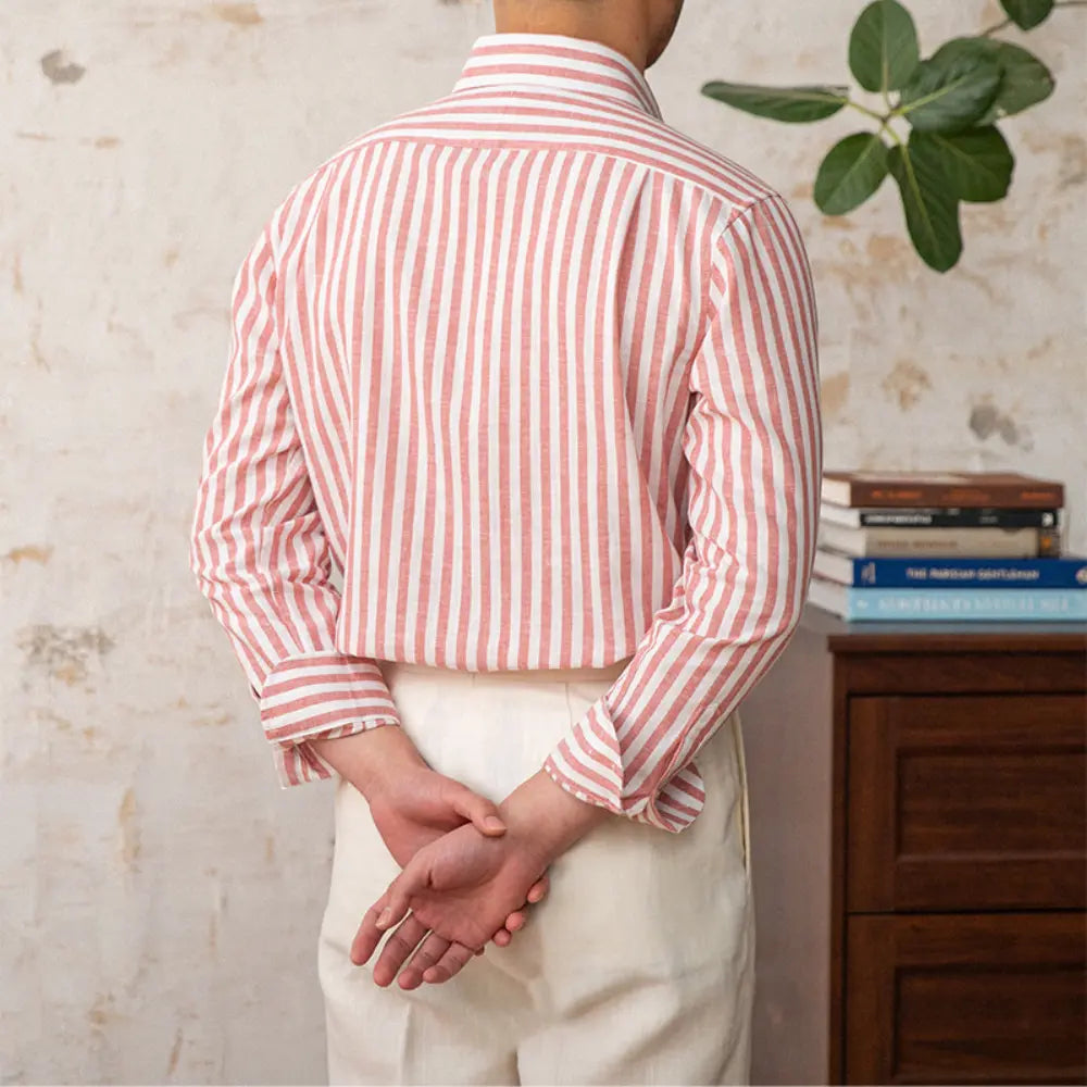 Linen Collar Slim Fit Striped Long Sleeve Shirt – Pink, Blue, Green, Yellow | Spring Business Casual | Old Money Menswear