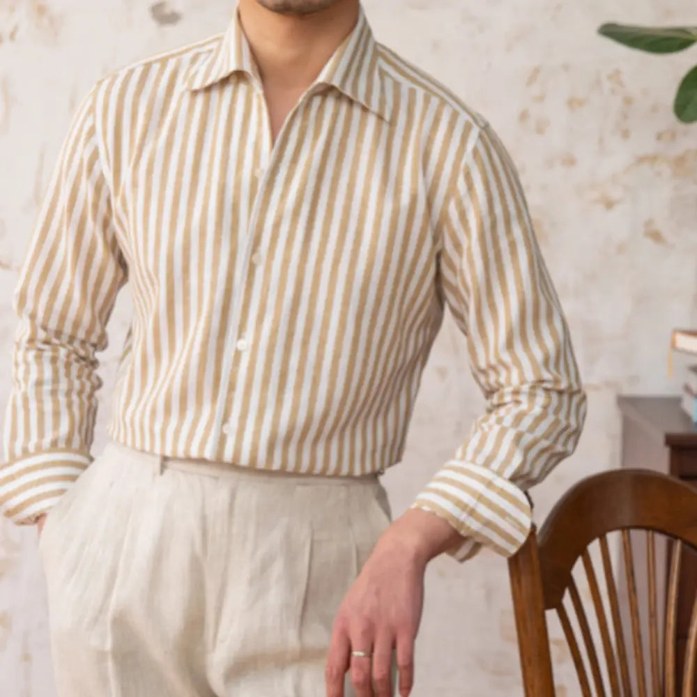 Linen Collar Slim Fit Business Casual Striped Long Sleeve Shirt Prendersons