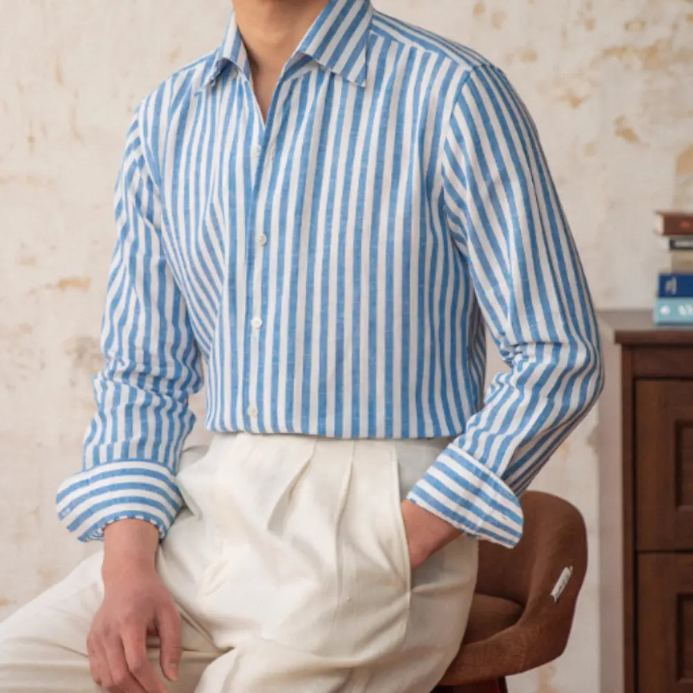 Linen Collar Slim Fit Business Casual Striped Long Sleeve Shirt Prendersons