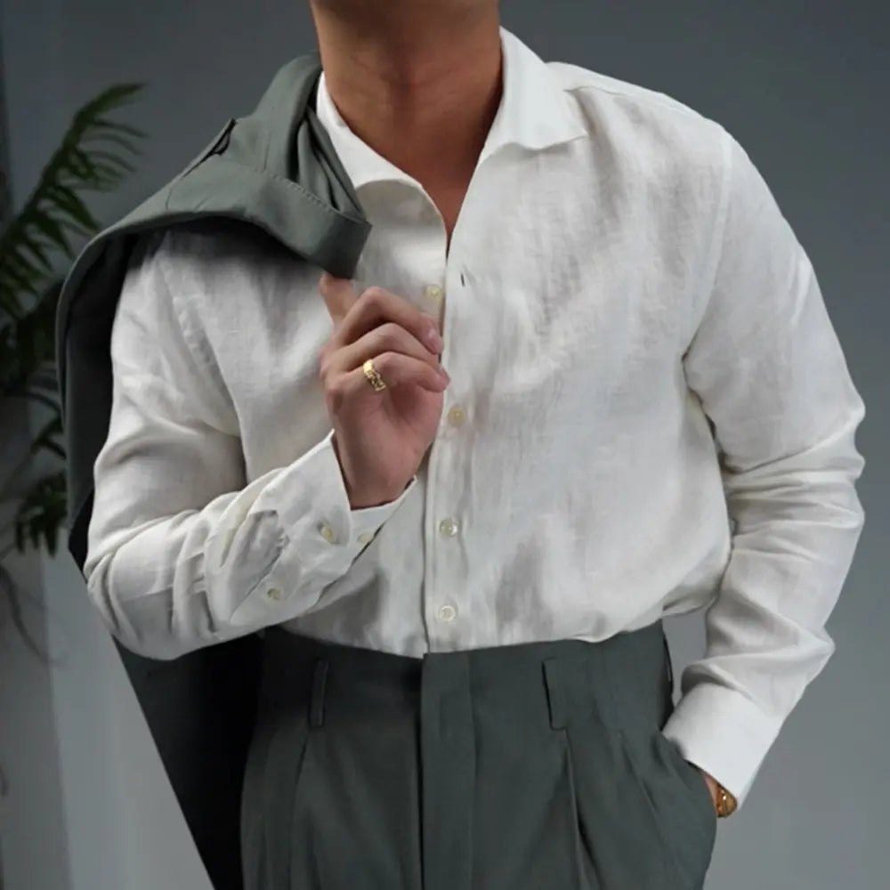 Loose Fit One Piece Collar Shirt – Ivory White, Brown | Light Business | Linen Menswear Classic