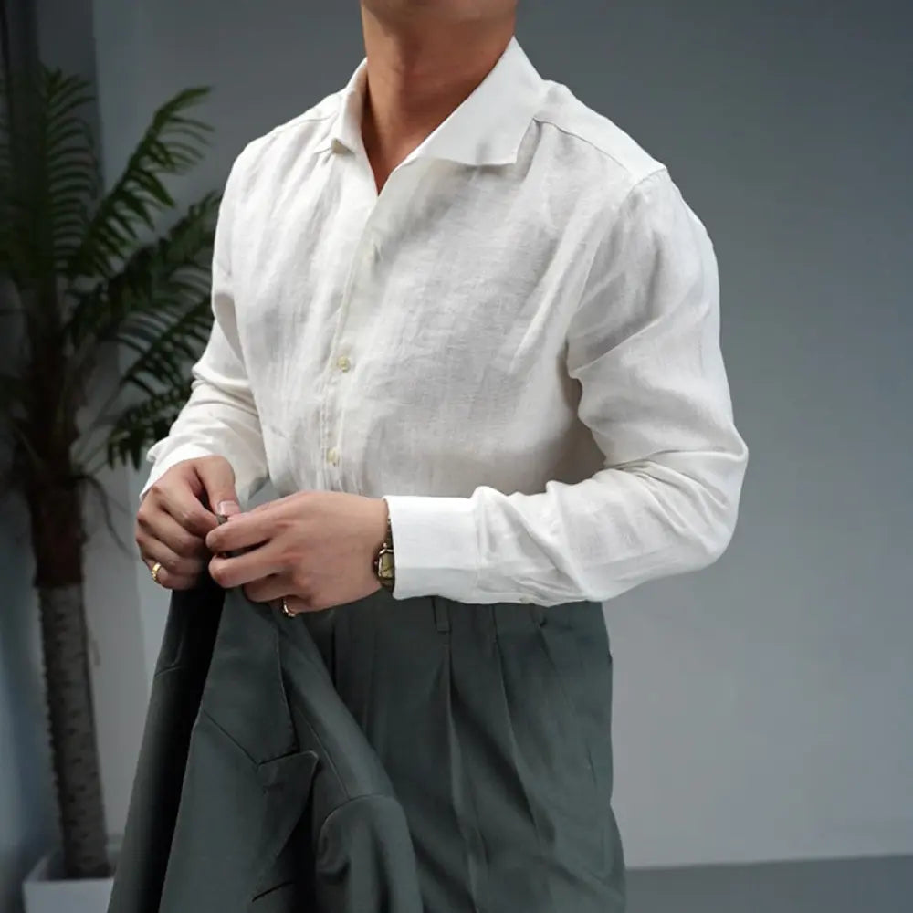 Loose Fit One Piece Collar Shirt – Ivory White, Brown | Light Business | Linen Menswear Classic