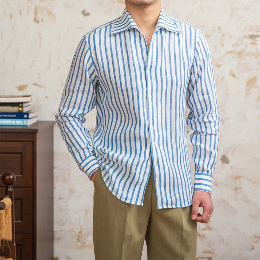 Long-sleeved Linen Striped Shirt With One Collar – Red, Blue | Routine Wear | Youth Pop Style