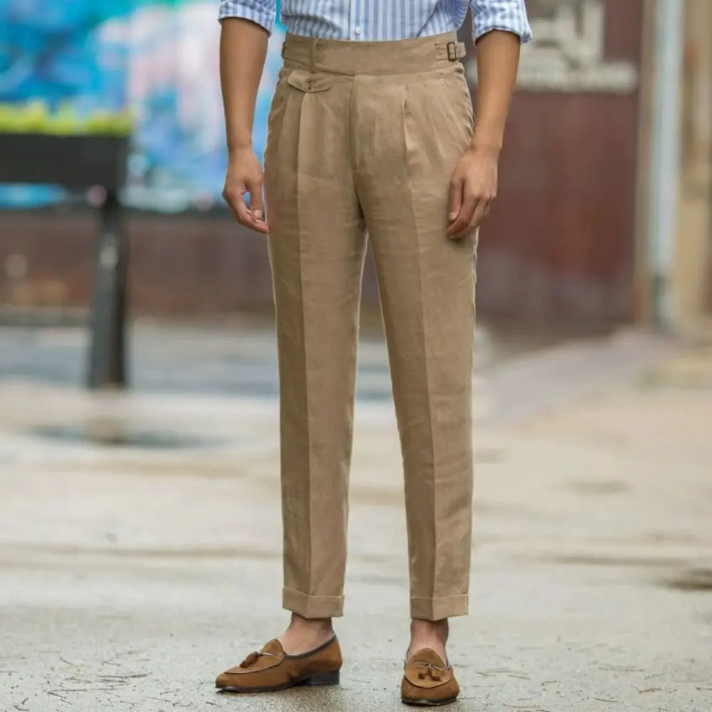 Slim Fit American Style Linen Trousers - Creamy-White, Khaki, Navy Blue | Plus Size | Retro Ankle-Banded Design