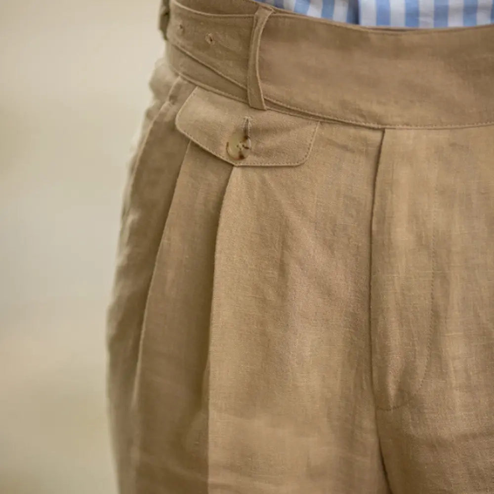 Slim Fit American Style Linen Trousers - Creamy-White, Khaki, Navy Blue | Plus Size | Retro Ankle-Banded Design