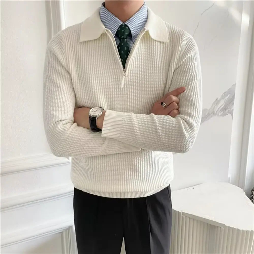 Men's All-match Solid Color Sweater Pullover Sweater - White & Black | Leisurewear | Old Money Classic Knit