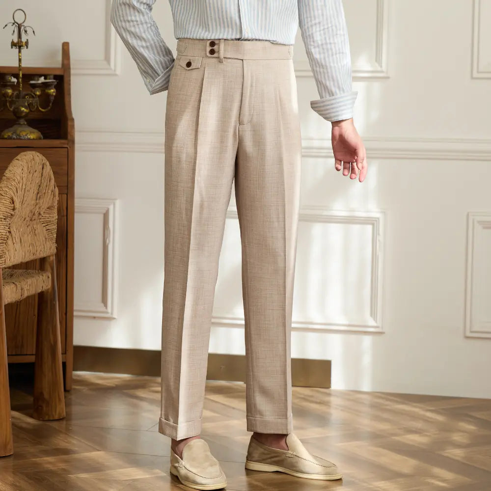 Men's British Fashion Slim Fit Italian Trousers – Apricot | Breathable Casual Style | Old Money Aesthetic