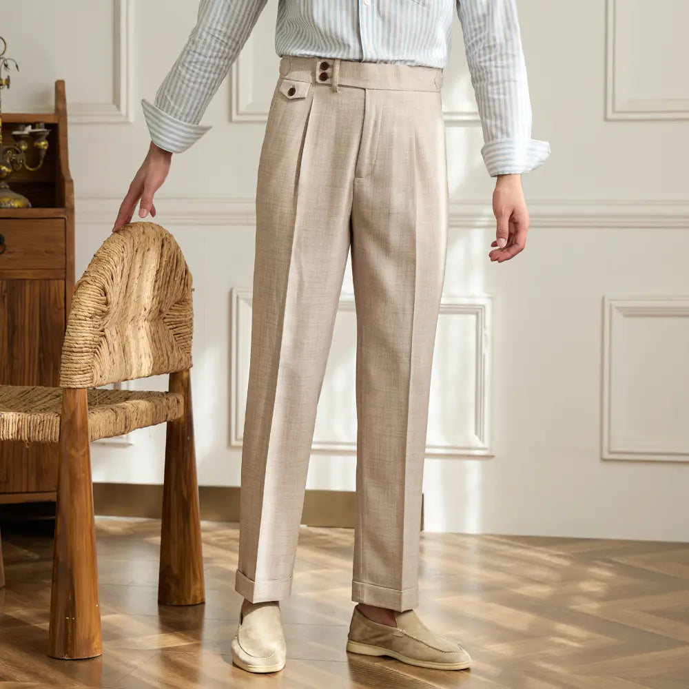 Men's British Fashion Slim Fit Italian Trousers – Apricot | Breathable Casual Style | Old Money Aesthetic