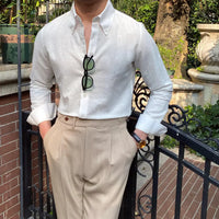 Men's Cotton Linen Casual Solid Color Long Sleeve Shirt Prendersons