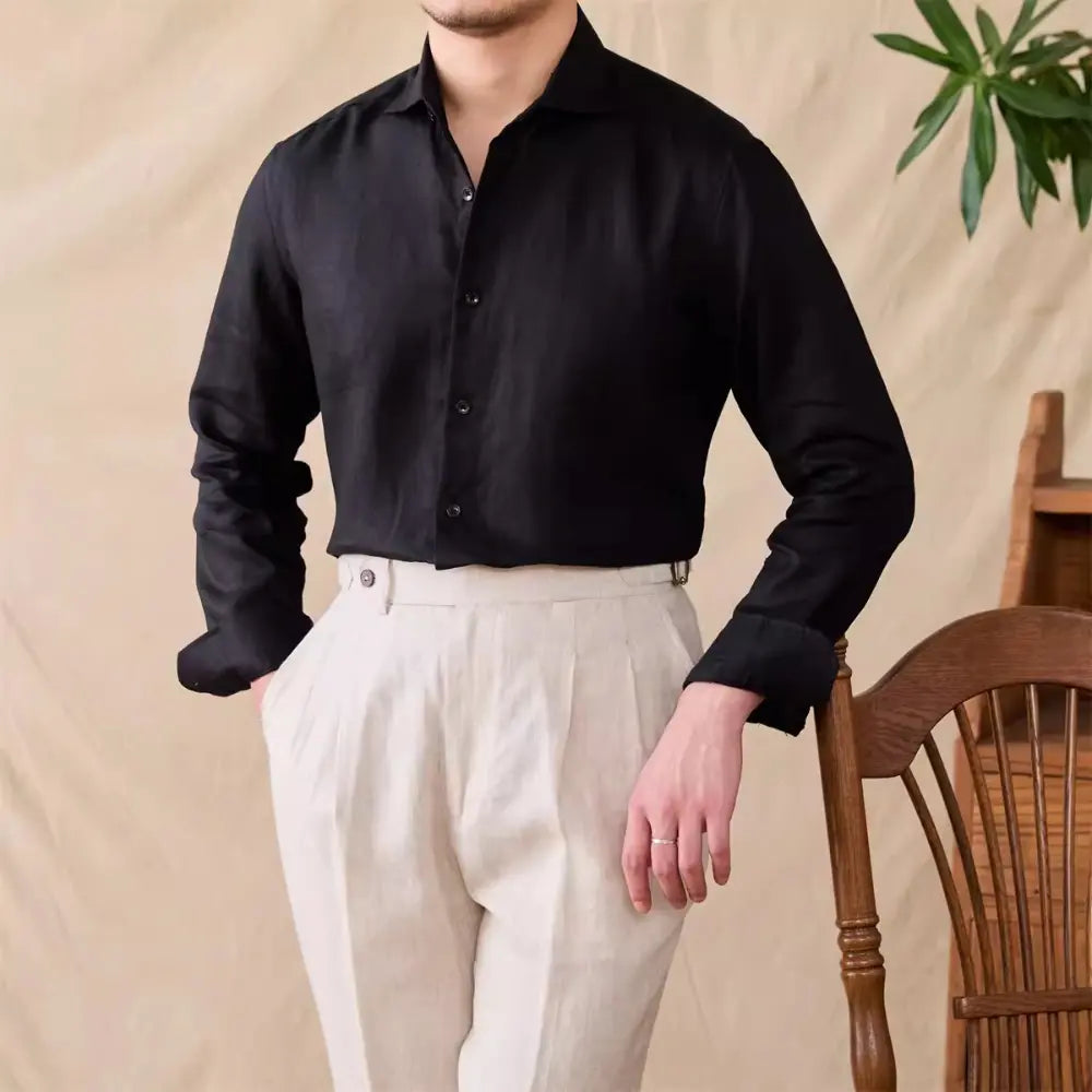 Men's Cotton Linen Casual Solid Color Long Sleeve Shirt Prendersons