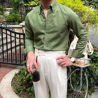 Men's Cotton Linen Casual Solid Color Long Sleeve Shirt Prendersons