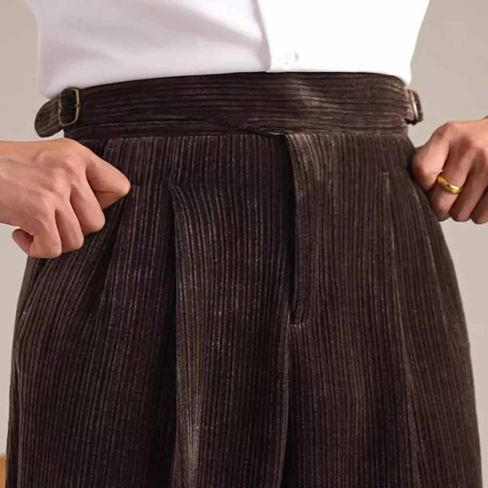 Men's High Waisted Vintage Corduroy Double Pleated Straight Leg Pants Prendersons