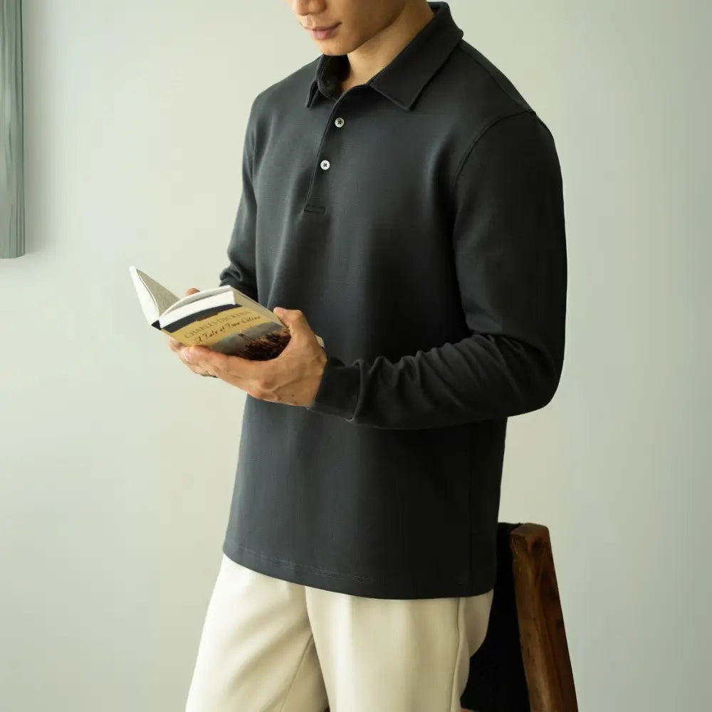Slim Fit Long Sleeve Polo T Shirt – Gray, Black | Business Casual | Flocking Detail Prendersons