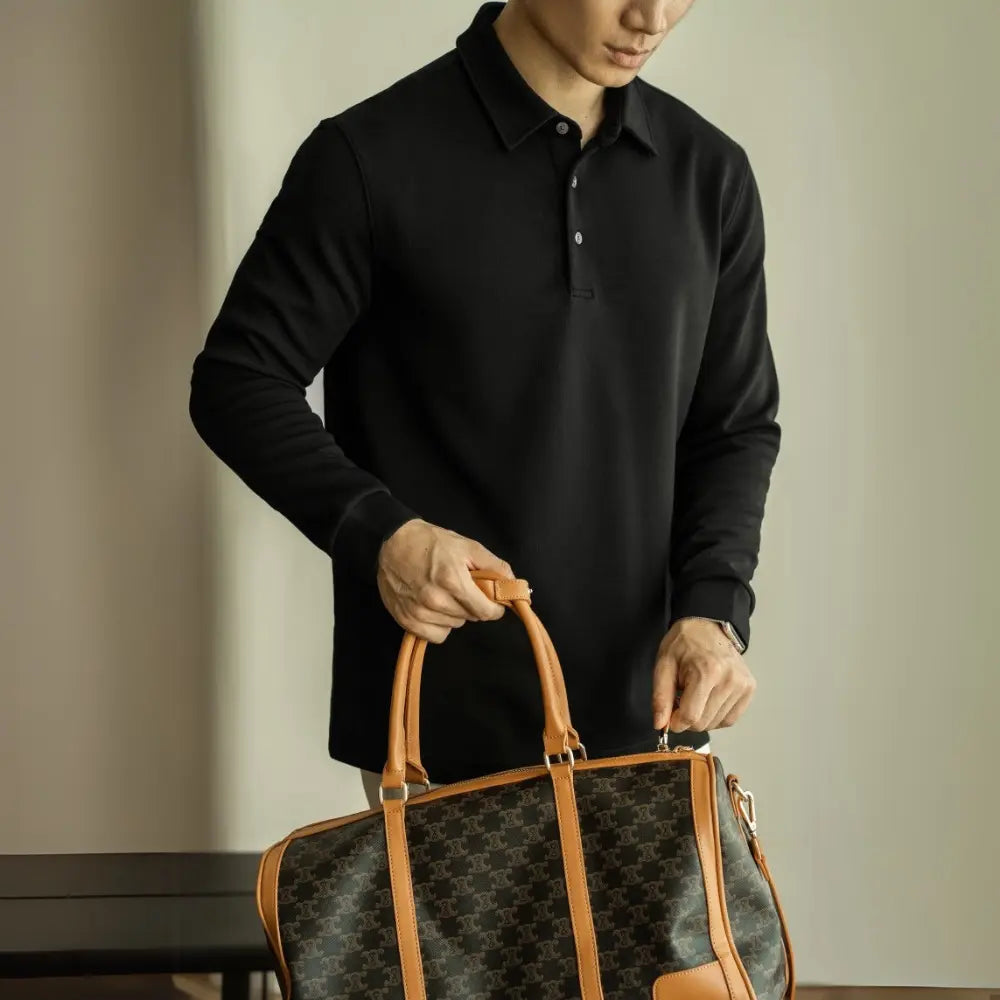 Slim Fit Long Sleeve Polo T Shirt – Gray, Black | Business Casual | Flocking Detail