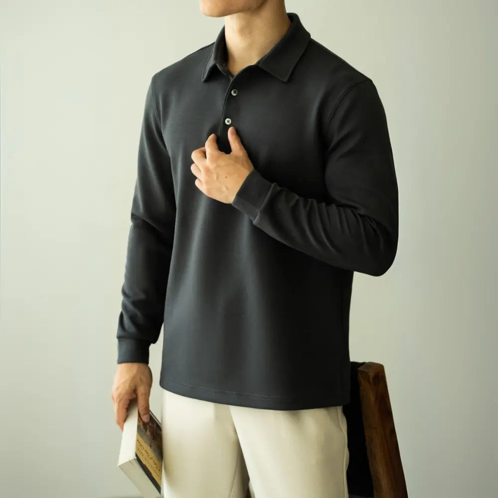 Slim Fit Long Sleeve Polo T Shirt – Gray, Black | Business Casual | Flocking Detail Prendersons