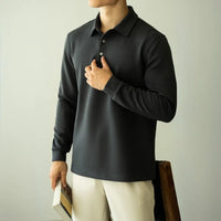 Slim Fit Long Sleeve Polo T Shirt – Gray, Black | Business Casual | Flocking Detail Prendersons