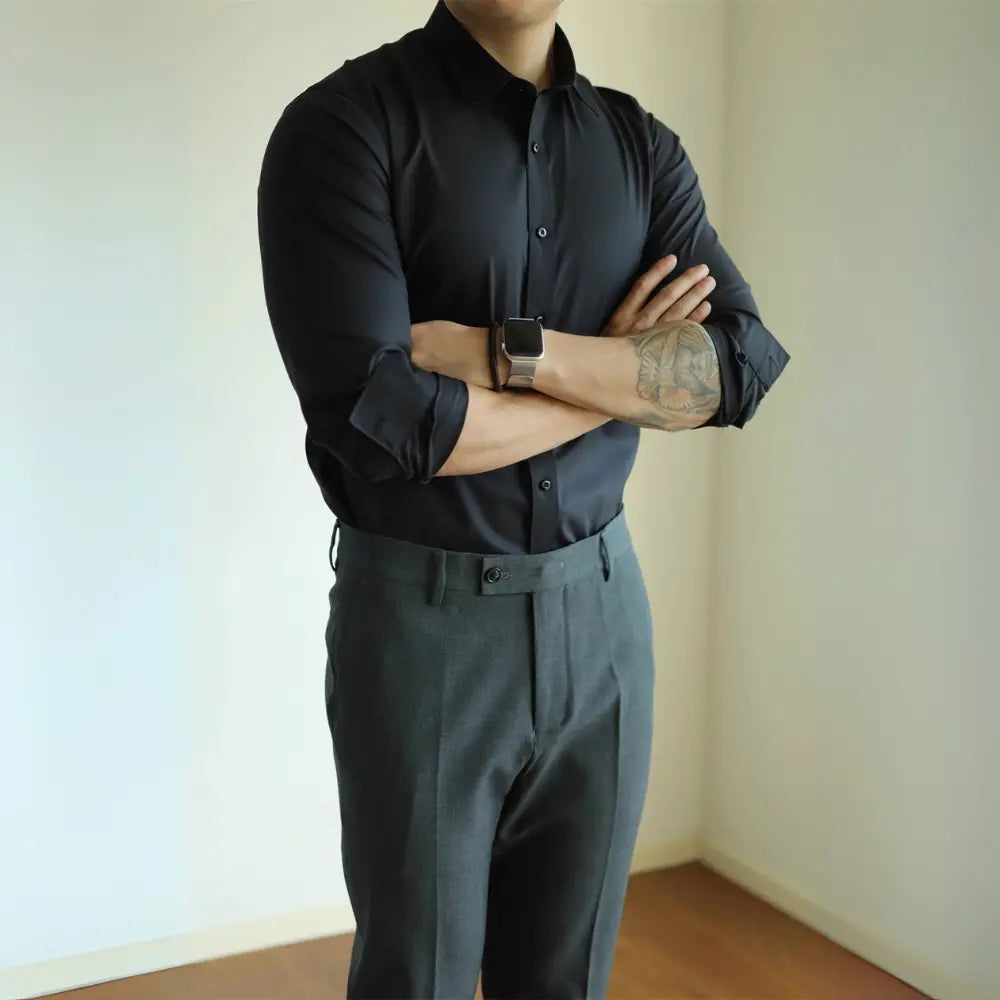 Men's Slim Fit Elastic Straight Commuter Trousers – Black/Grey | Business Wear | Smart Style