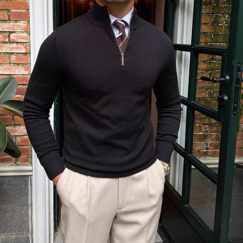 Men's Stand Collar Zipper Knitted Long Sleeve Sweater – Black, White & Brown | Old Money Menswear Prendersons