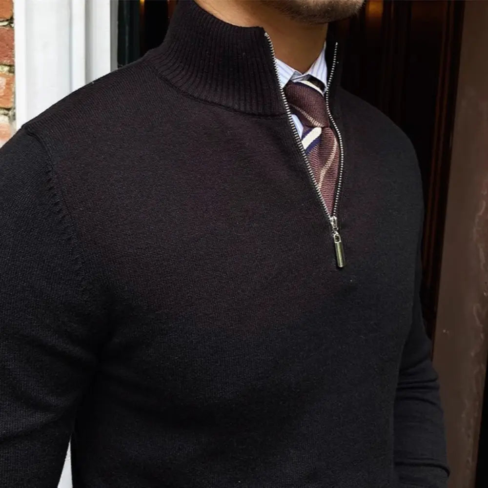 Men's Stand Collar Zipper Knitted Long Sleeve Sweater – Black, White & Brown | Old Money Menswear Prendersons